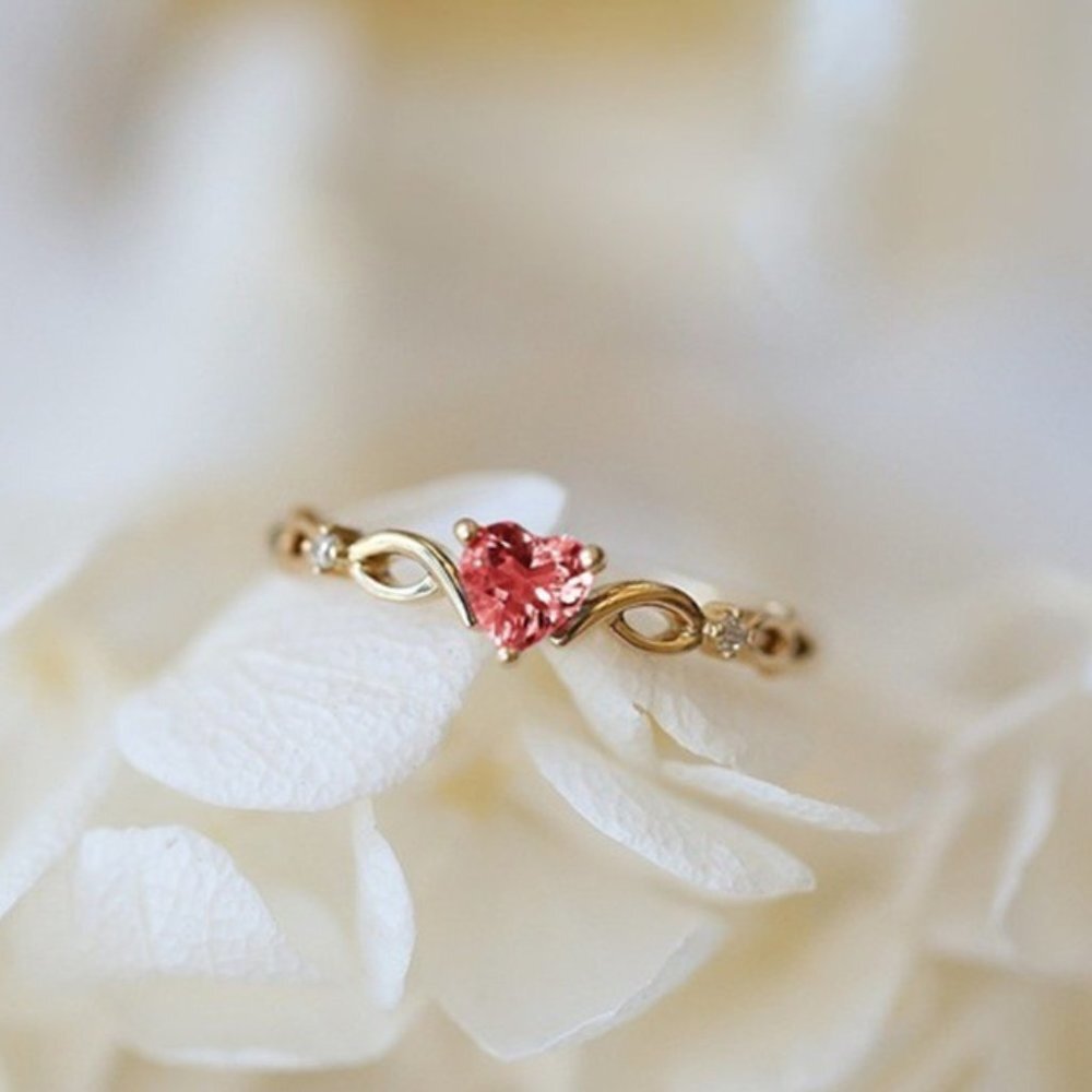 Gold Red Heart Dainty Anillos Princess Diamond Ring for Women, VIP268